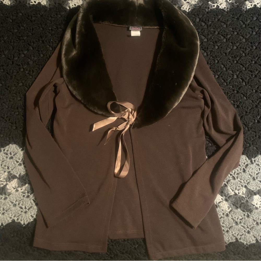 Y2K Zenobia Brown Fur Collar Front Tie Cardigan in XL